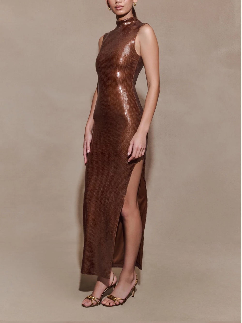 Meshki Metallic Copper Brown High-Neck Maxi Dress